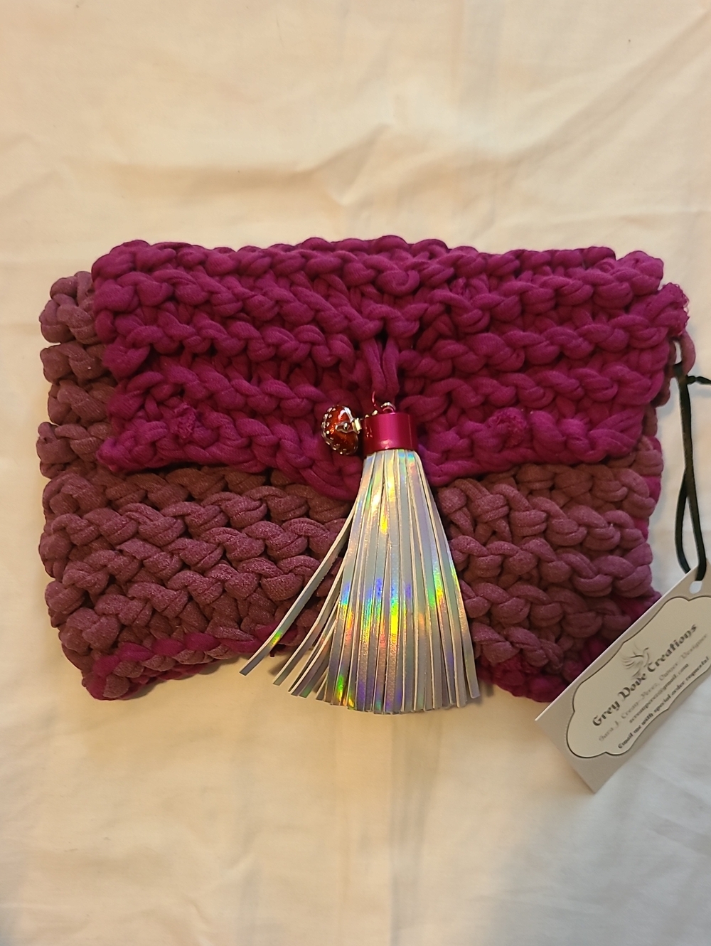 Hand-Knit Two-Tone Purple Clutch with Holographic Tassel By Grey Dove Creations